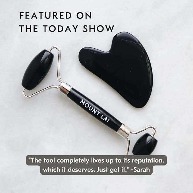 Mount Lai Obsidian Gua Sha Facial Tools, Black Obsidian Gua Sha Facial Tools Set and Roller, Guasha Tool for Face to Relieve Muscle Tension and Reduce Puffiness, Anti Aging Skin Care Sets for Women