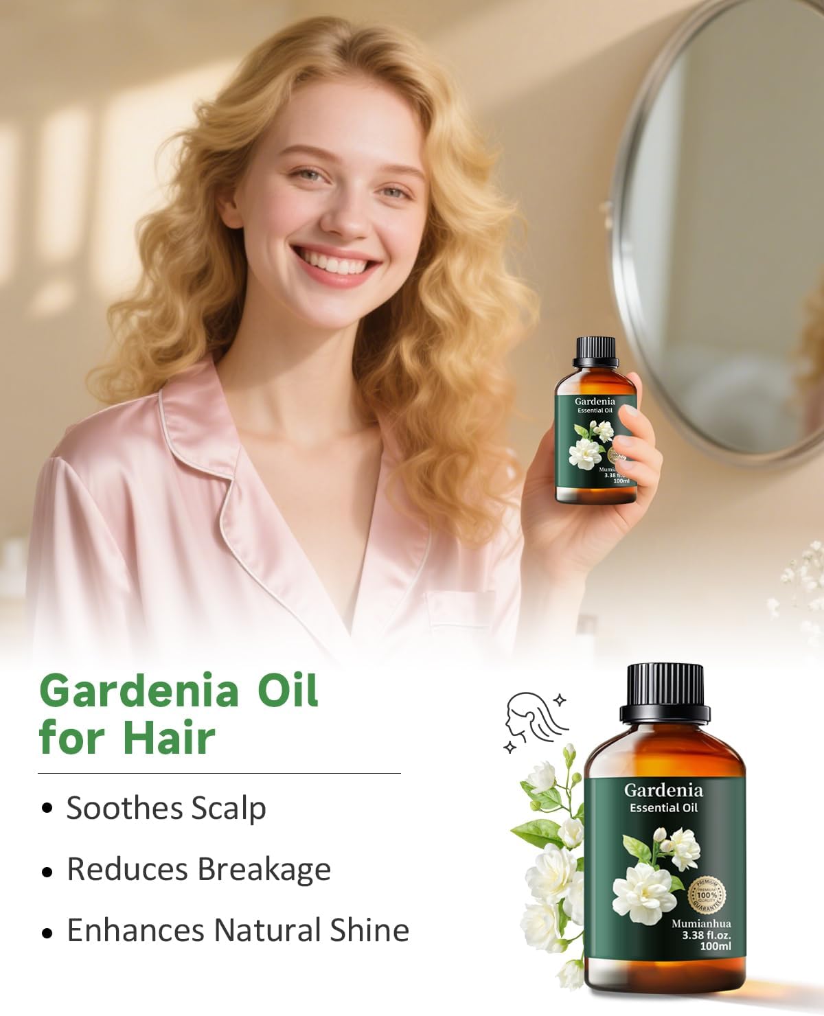 Mumianhua 100% Pure Gardenia Essential Oil Natural Gardenia Oil for Bedroom Diffuser, Laundry Boost & Women's Perfume | Therapeutic Grade for Candle Making & Skin 3.38 Fl Oz