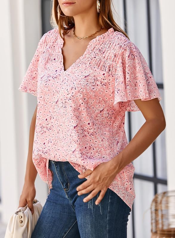 SHEWIN Women's Casual V Neck Floral Print Smocked Short Sleeve Chiffon Blouses Bohemian Top Shirts