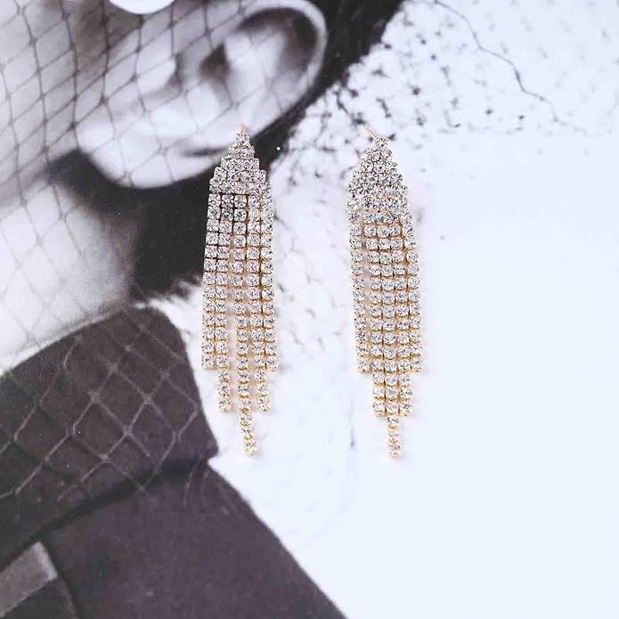 Vintage Rhinestone Chandelier Tassel Earrings Crystal Chain Drop Earrings Gold Long Tennis Chain Earrings Shine Chandelier Bridal Earrings Jewelry for Women