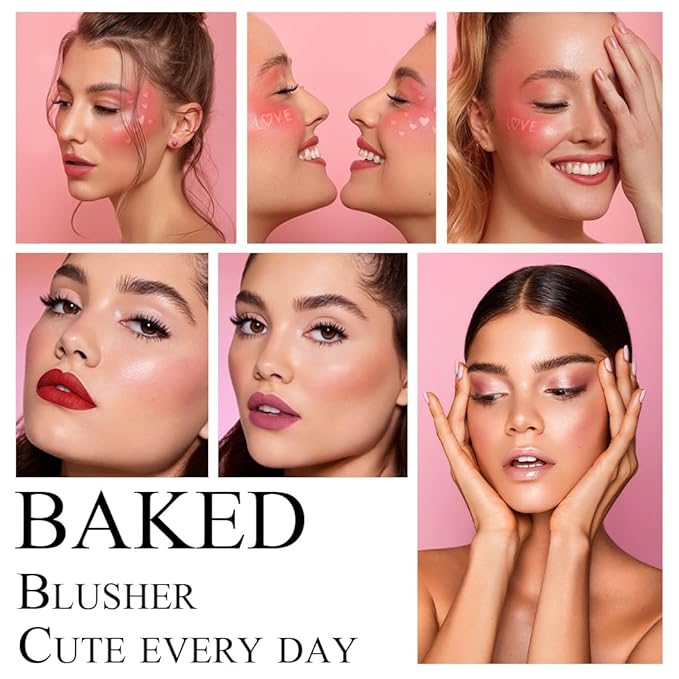 Baked Blush Powder, Natural Glow Blush Palette, Contour Brighten Highlight Face for a Shimmery or Matte Finish, Lightweight Blendable, Long Lasting Face Makeup #02