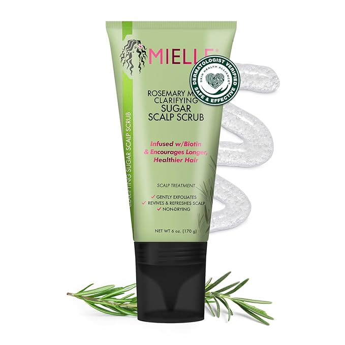 Mielle Organics Rosemary & Mint Sugar Exfoliating Scalp Scrub - Gentle Pre-Shampoo Dry Scalp Treatment for Oil & Product Buildup - Biotin Infused Non-Drying, Moisturizing Formula (6 Fl Oz)