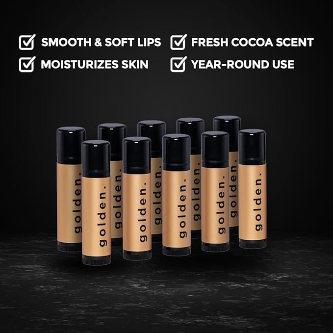 Golden Grooming Co. Lip Balm Set for Men - Soothing & Moisturizing Lip Balms for Dry, Cracked, Chapped Lips - Infused with Aloe Vera & Vitamin E - Vanilla Scent - Pack of 10