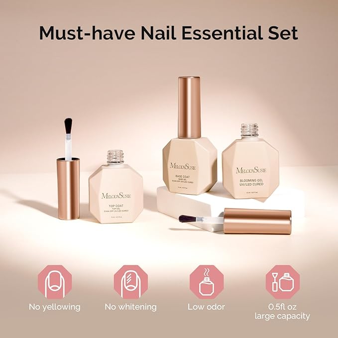 MelodySusie No Wipe Glossy Top Coat Base Coat Blooming Gel Set Long Lasting Shine Finish Soak Off UV LED Nail Lamp Nail Art Design Manicure Kit Perfect Gifts for Women Girls 3 Pcs 15ml Clear