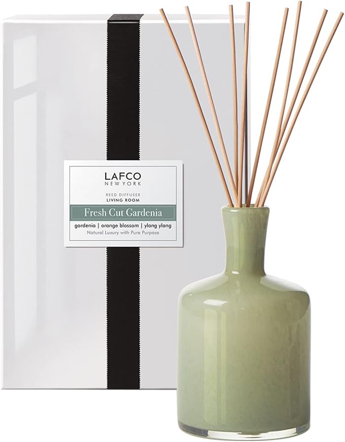 LAFCO New York Signature Reed Diffuser, Fresh Cut Gardenia - 15 oz - Up to 9 Months Fragrance Life - Reusable, Hand Blown Glass Vessel - Natural Wood Reeds - Made in The USA