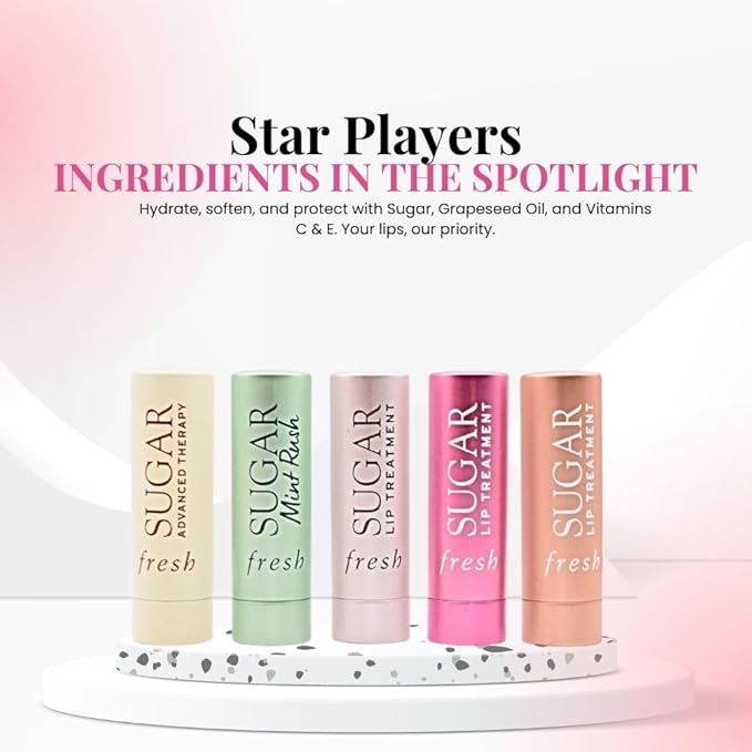 Fresh Color & Care Lip Collection Holiday Gift Set:: Tinted Lip Balms in Sugar Rosé, Honey, Bloom, Sugar Advanced Therapy, Mint Rush Lip Treatment