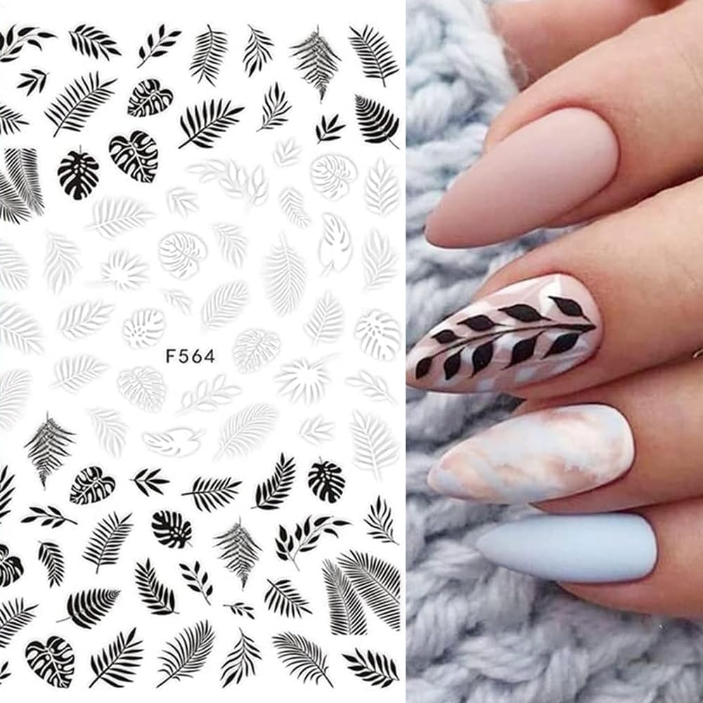 10 Sheets Black White Leaves Flower Nail Art Stickers 3D Self-Adhesive Retro Floral Vine Pattern Nail Decals Tropical Plants Mandala Leaf Geometry Transfer Decals Nail Art Decorations for Women Girls