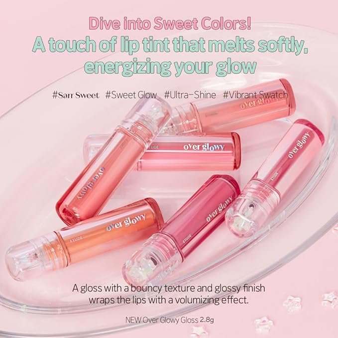 ETUDE Over Glowy Lip Gloss #1 Sweety Cream | Non-Sticky Vegan Lip Tint | Moisturized & Long-lasting Lip Gloss | Daily Tint for Dry Lips, Korean Makeup, K-beauty, Perfect for Gift