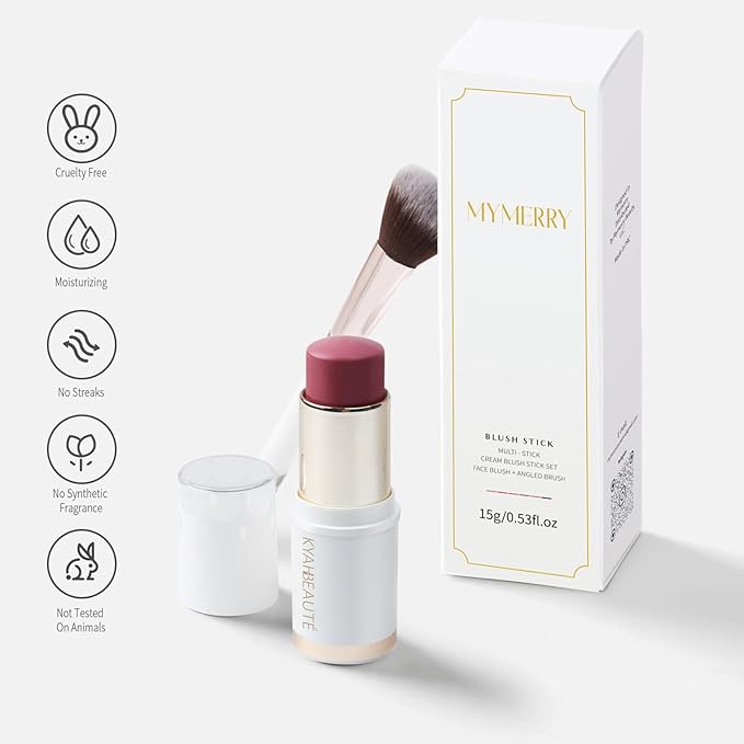 Blush Stick, Cream Blush for Cheeks and Lip Tint, Dewy Finish, Buildable & Blendable Color, Lightweight & Long-Lasting Formula| Rosemary-Mauve & Angled Blush Brush（0.53fl.oz）