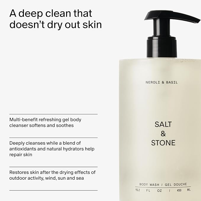 Salt & Stone Body Wash for Women & Men | Neroli & Basil | Hydrating Gel Cleanser | Clean & Soften Skin | Made with Niacinamide & Hyaluronic Acid | Free From Parabens, Sulfates & Pthalates (15.2 fl oz)