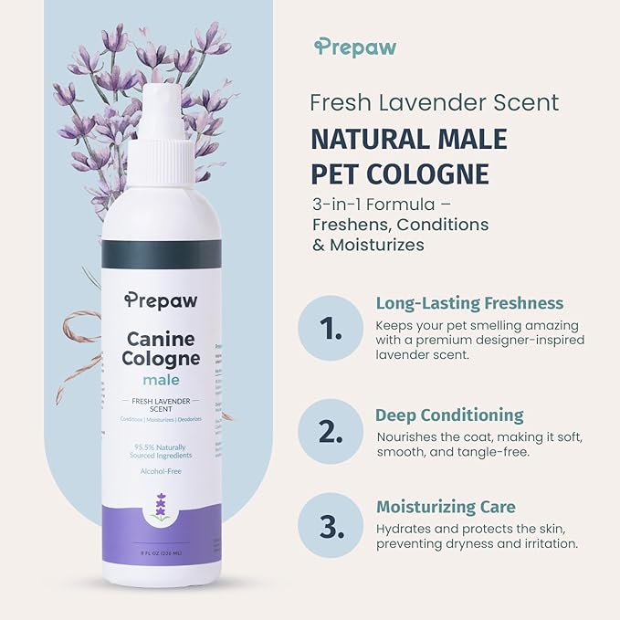 Luxury Male Pet Cologne - Fresh Lavender Scent, 3-in-1 Formula Conditions & Moisturizes, Made with 94% Natural Ingredients, Long Lasting Fragrance, Safe & Easy to Use | 8 fl oz