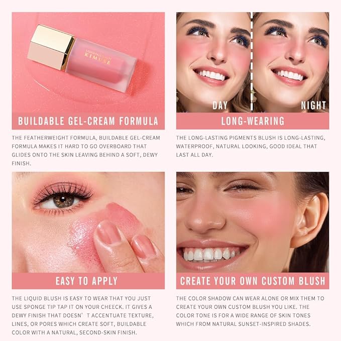 KIMUSE Soft Cream Blush Makeup, Liquid Blush for Cheeks, Weightless, Long-Wearing, Smudge Proof, Natural-Looking, Dewy Finish