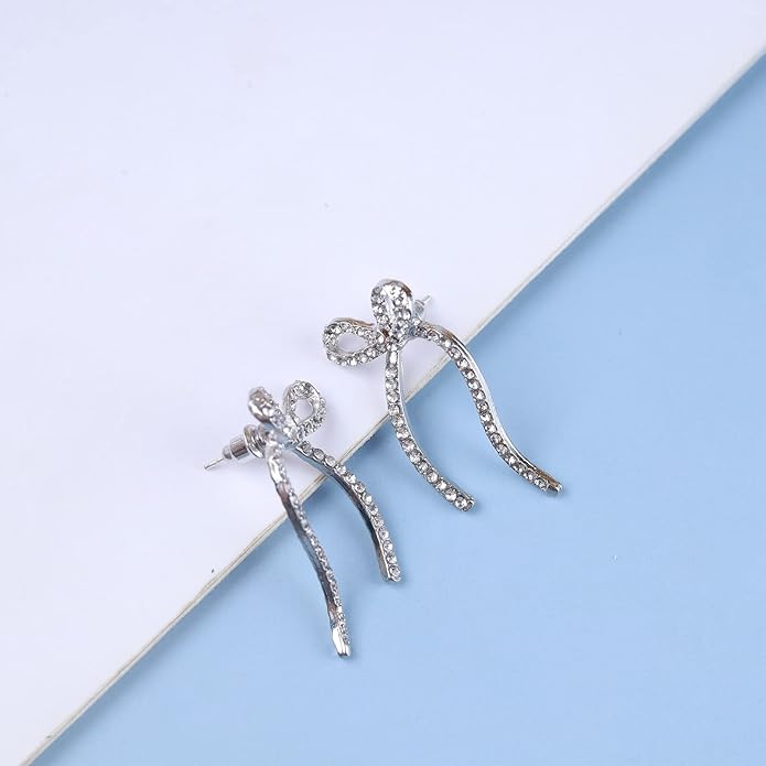 Vintage Crystal Bow Earrings Rhinestone Bow Drop Earrings Long Cz Rhinestone Earrings Gold Bow Cz Stud Earrings Jewelry for Women