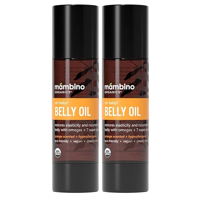 Mambino Organics Oh Baby! Organic Belly Oil for Pregnancy (2 Pack) - Hydrating Stretch Mark Serum, Vegan Maternity Skin Care, Eco-Friendly Pregnancy Oil for Elasticity & Glow, 4oz