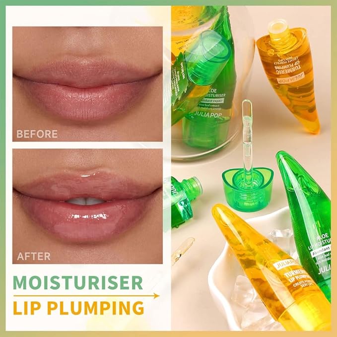 Lip Plumper Set, Natural Lip Plumper Moisturizing Aloe Vera Lip Gloss, Lip Plumper Gloss and Lip Care Serum, Beautiful Fuller, Hydrating & Reduce Fine Lines, Day and Night Ues Set