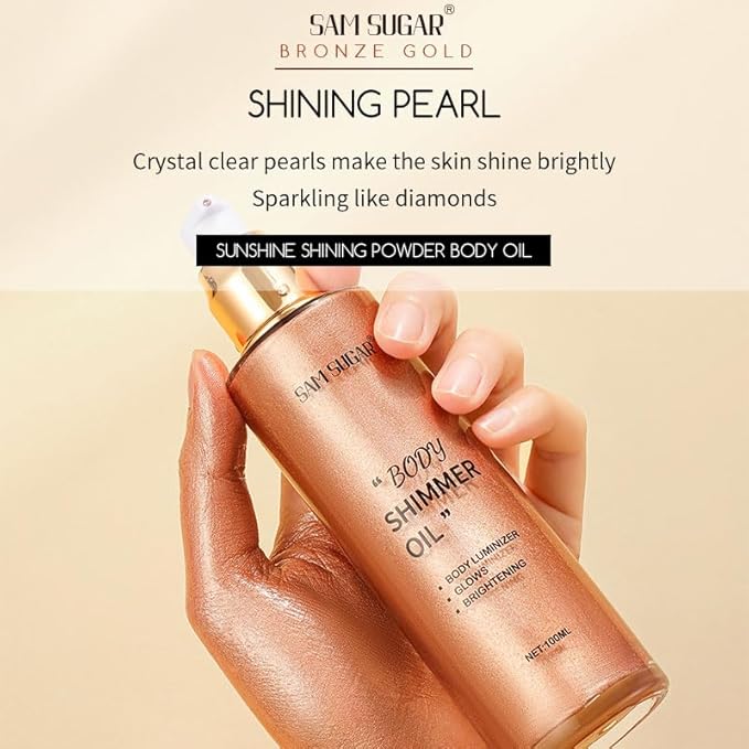 Shimmer Body Oil, Long Lasting Moisturizing Body Glow Glitter for Women Face Luminizer Highlighter Makeup 100ml Shimmer Oil for Glowing Skin Lotion (Dark Brown Gold)