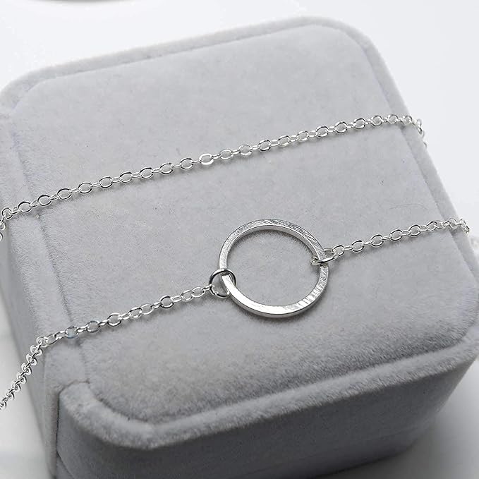 Vertical Bar Circle Necklace Silver Circle Pendant Necklace Boho Long Necklaces Chain Minimalist Geometric Ring Necklace Jewelry for Women and Girls