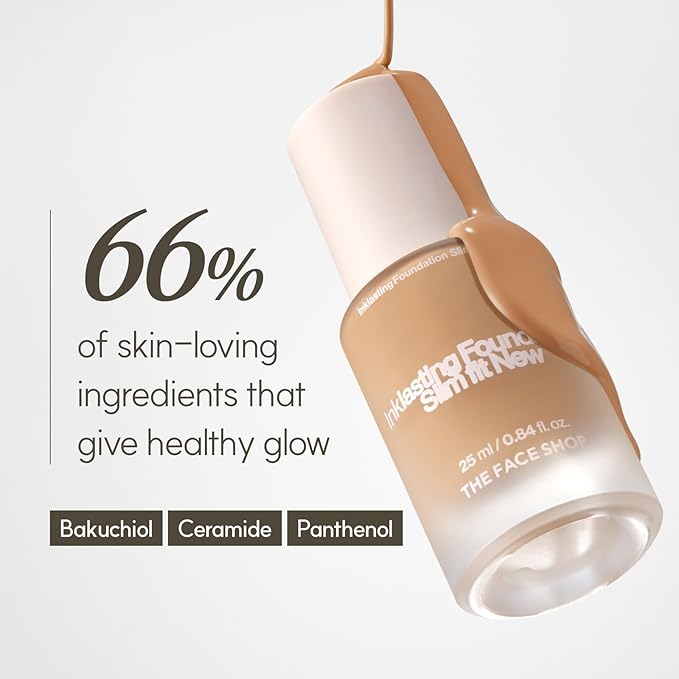 THE FACE SHOP Ink Lasting Liquid Foundation, Full Coverage, 72‑Hour Wear Semi‑Matte Finish, Makeup with Bakuchiol, N010 Ivory, 0.84 Fl. Oz.