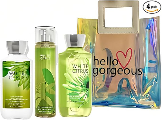 Bath & Body Works - 3 Piece Bundle - Spray - Body lotion - Shower Gel - Full Size and Gift Bag HELLO GORGEOUS (White Citrus)