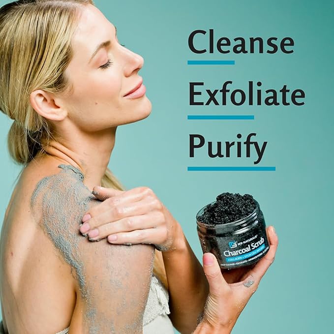 Exfoliating Charcoal Scrub with Collagen & Stem Cells – Salt Scrub for Body Toning, Cellulite, Armpit Detox, and Skin Smoothing for Face, Feet, and Body by M3 Naturals.