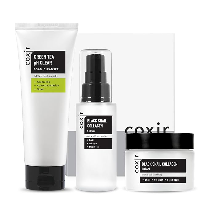 coxir BLACK SNAIL GIFT SET /Gift Set Birthday present /Foam Cleanser+Serum+Cream/Black Rice, Bean, Sesame, Snail Mucin, Collagen, Peptide l Repairing&Firming l Korean Skin Care