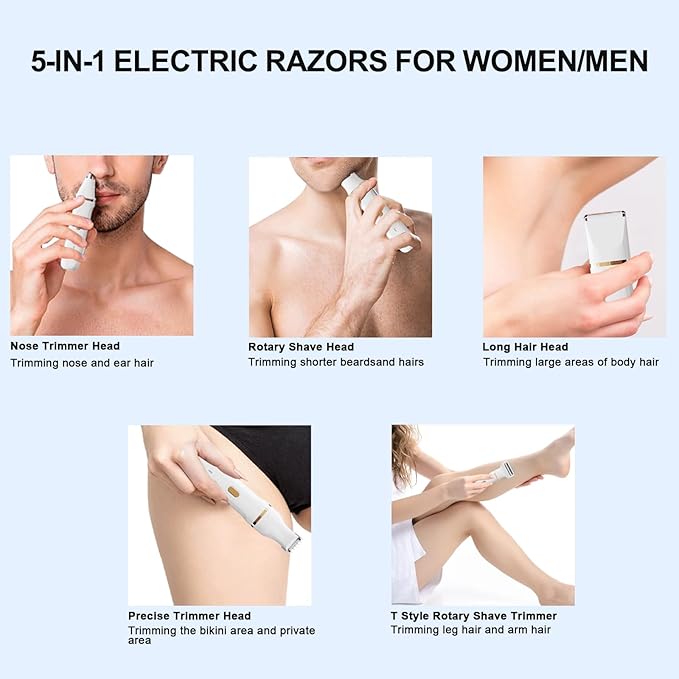 ele ELEOPTION Electric Razors for Women 5-in-1 Waterproof Wet Dry Electric Shaver with USB Charge Dock, Legs Hair Remover, Body Shaver for Beard Bikini Trimmer for Women White