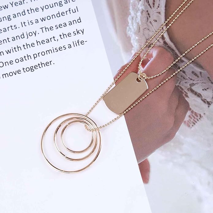 Vintage Layered Square Pendant Necklace Multi Circle Necklace Gold Square Choker Necklace Layer Circle Necklace Jewelry for Women
