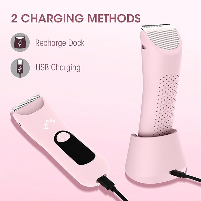 Lanumi Bikini Trimmer Women Rechargeable Body Hair Trimmer Electric Shaver Pubic Hair Grooming Kit with Charging Dock IPX7 Waterproof Wet/Dry Use (Pink)