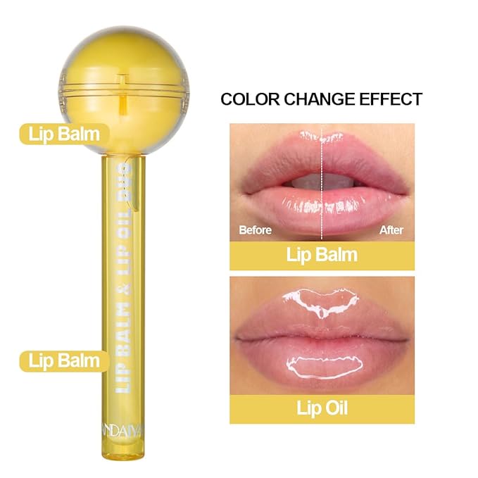Tinted Lip Balm Lollipop Lip Gloss, Magic pH Color Changing Pink Lipstick & Vitamin E Clear Lip Oil Combo, Hydrating Plumping Lip Care Product for Girls (Yellow)