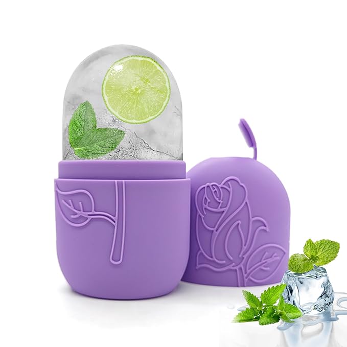 Ice Face Roller Massager for Face, Reusable Silicone Ice Cube Mold, Facial Beauty Ice Roller, Reduce Puffiness and Dark Circles, Minimize Pores & Improve Skin Texture (Purple)
