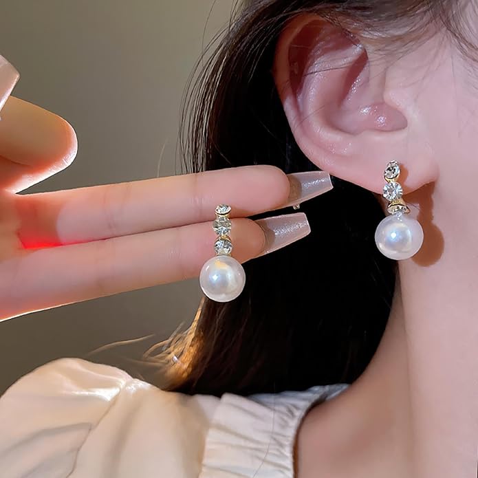 Vintage Rhinestone Pearl Drop Earrings Gold Pearl Dangle Earrings Crystal Stud Earrings Sparkly Cz Pearl Earrings Jewelry for Women
