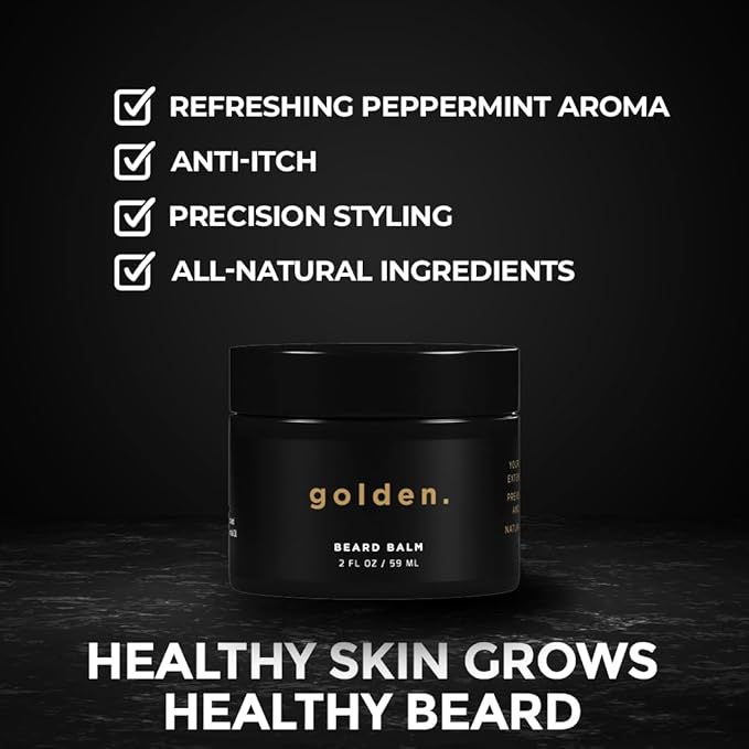 Golden Grooming Co. Beard Balm for Men - Strengthens & Softens Beards and Mustaches - Adds Shine & Tames Flyaway Hair, Beard Styling Balm with Argan Oil - Peppermint Scent - 2 Ounce