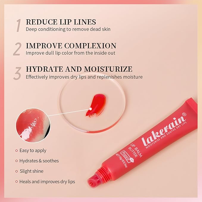 Erinde Lip Butter Balm, Moisture Hydration Lip Butter Gloss, Sheer Tinted Lip Mask and Lip Balm, Soothing Lip Treatment Care Makeup, Shine Lip Glow Oil for Dry, Chapped Lips, 04 Poppy