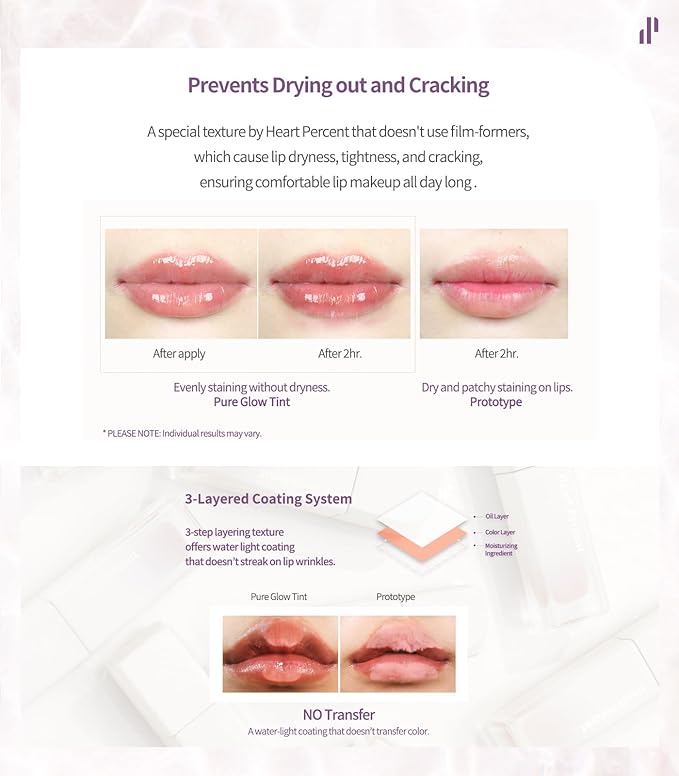 Heart Percent Dote On Mood Pure Glow Tint, Watery & Lightweight Moisturizing Lip Stain Long Lasting Liquid Lipstick 6.8g, #12. Caramel Beige