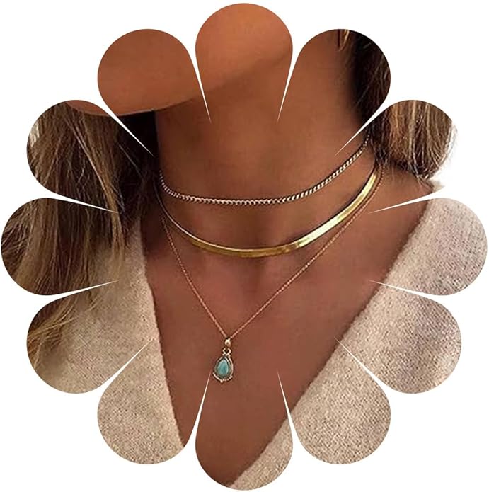 Vintage Layered Turquoise Necklace Turquoise Pendant Necklace Blue Stone Bead Choker Necklace Gold Snake Herringbone Chain Necklace Jewelry for Women