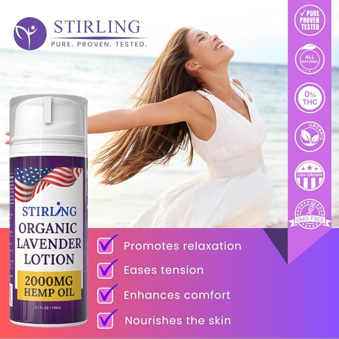 STIRLING Lavender Lotion – Organic Lavender with 2000mg Hemp Oil, Aloe Vera, and Vitamin E – Nourishing and Moisturizing Body Lotion for a Soft and Smooth Feel