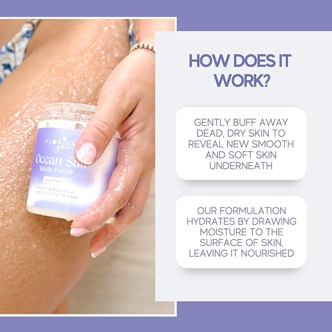 Sea Salt Body Scrub by Florida Glow - Ocean Salt Body Polish Infused with Marine Algae - Exfoliating Face and Body Scrub - to Tackle Acne and Scars for Smooth Soft Skin (Lavender, 12.1 oz)
