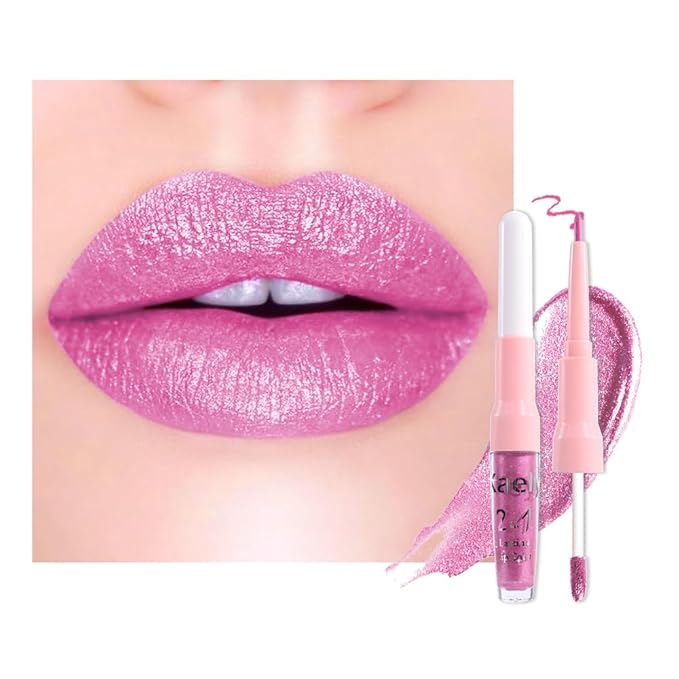 evpct Light Rose Pink Metallic Glitter Lip Liner and Lipstick Combo Lip Gloss Stain Set Makeup for Women Long Lasting Waterproof 24, Pink Metallic Shimmer Frosted Iridescent Shiny Liquid Lipstick 10