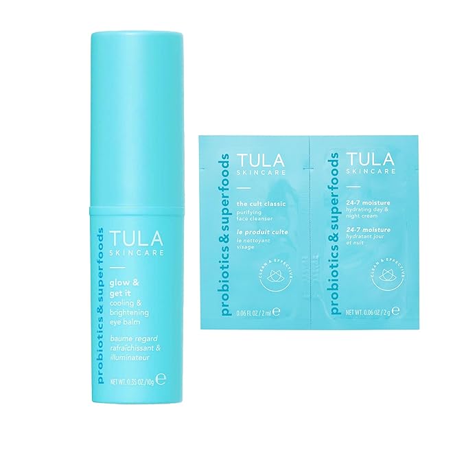 TULA Skin Care Eye Balm Glow & Get It + 24-7 Hydrating Day Night Cream & Purifying Cleanser Dual Packette - Dark Circle Treatment, Instantly Hydrate and Brighten Undereye Area, 0.35 oz.