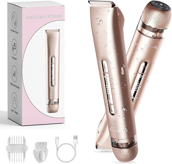 Dermave Bikini Shaver,Bikini Trimmer for Women,2025 Upgrade Dual Head Shaver Women,2 in 1 Wet & Dry Waterproof Electric Bikini Trimmer for Face, Body & Intimate Areas(Pink Rose)