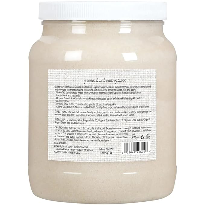 Ginger Lily Farms Botanicals Revitalizing Organic Sugar Scrub, All-Natural Skin Exfoliating Sugar Crystals, 100% Vegan & Cruelty-Free, Green Tea Lemongrass, 64 oz.