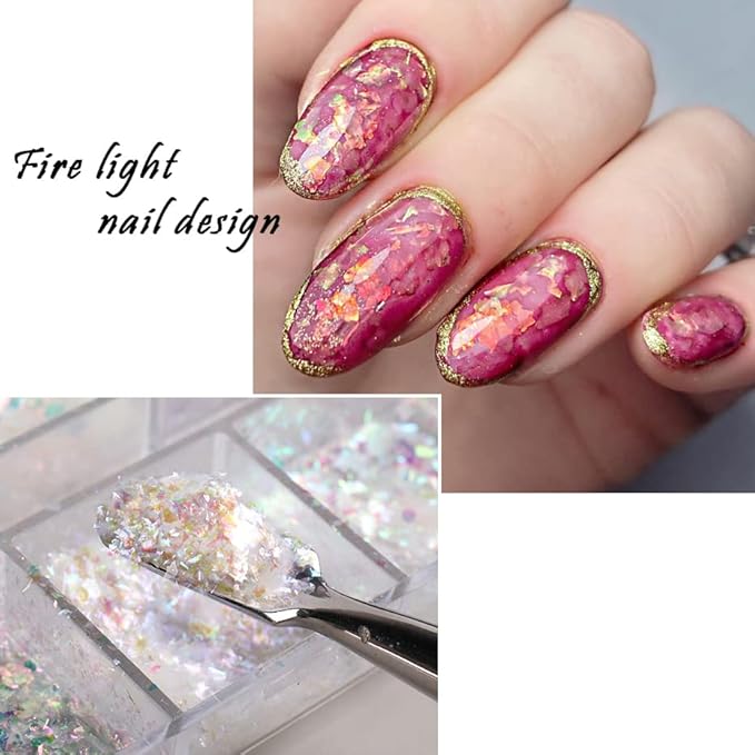 Holographic Iridescent Nail Art Nail Glitter KALEFUL Powder Aurora Foil Sequins Flakes Paillettes Designs Manicure Nail Decorations - 12 Grids