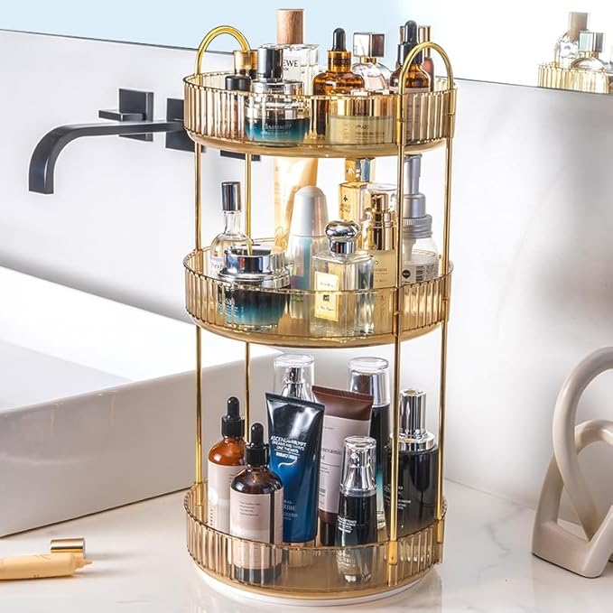 360 Rotating Makeup Organizer - High-Capacity Skincare & Cosmetics Organizer for Vanity, Bathroom or Dresser (3 Tiers, Amber)