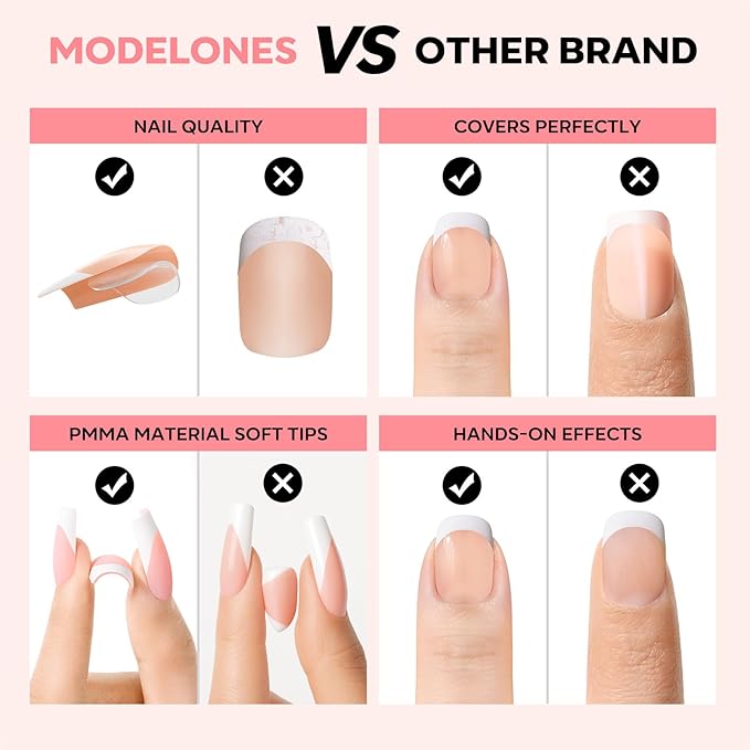 modelones French Tip Press on Nails, Short Square Fake Nails with Nail Box, Nude Gel Nail Tips for Women, Soft Glue-On Nails for Natural Salon Look, DIY Nail Art Kit