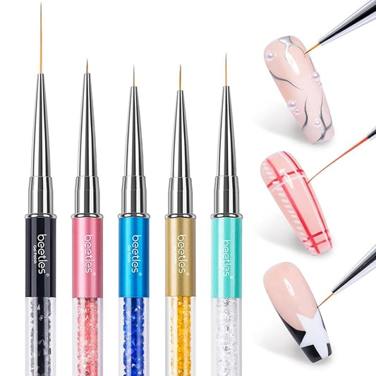 Beetles Gel Polish Nail Art Liner Brushes 5Pcs Painting Art Design Pen Set Diamond Application Rhinestone Handle Dotting Drawing Sizes 5 7 9 11 20mm Nail Design Gift for Women