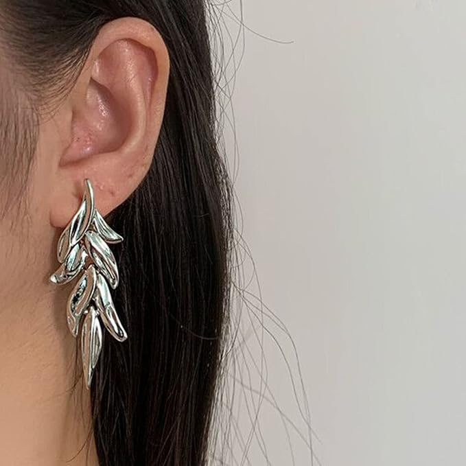 Statement Leaf Dangle Drop Earrings Vintage Silver Leaf Cluster Drop Earrings Punk Large Leaf Dangle Earrings Bridal Earring Wedding Prom Earring Jewelry for Women and Girls