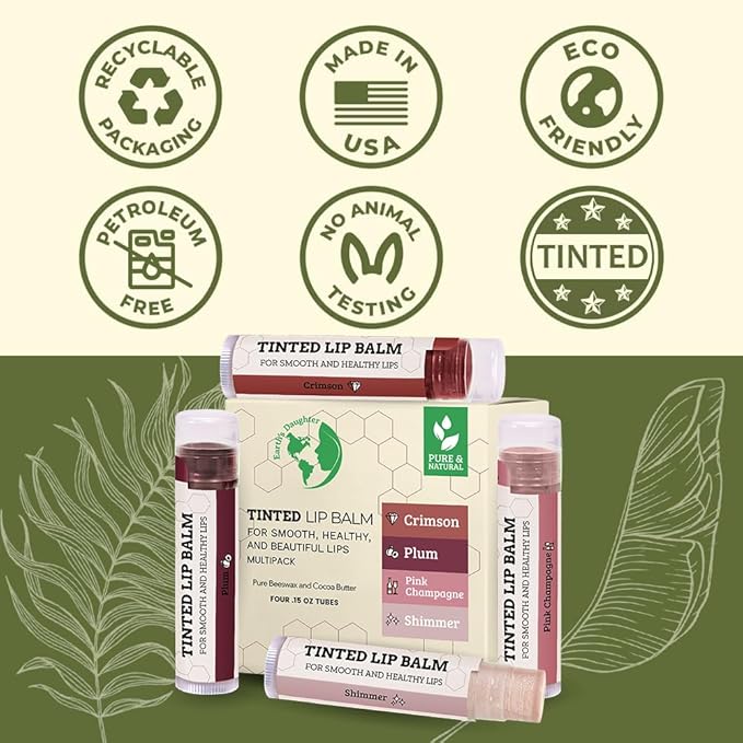 Tinted Lip Balm by Earth’s Daughter – 4 Pack of Assorted Colors – Beeswax, Coconut Oil, Cocoa Butter, Vitamin E – Moisturize and Beautify – Paraben Free