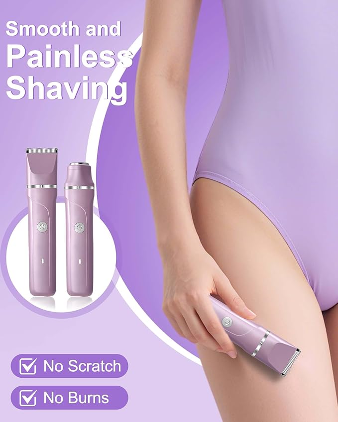 Dermave Bikini Shaver - 2 in 1 Waterproof Bikini Trimmer for Women Cordless Electric Razors for Women, Dry/Wet Use for Bikini, Armpit, Face, Rechargeable Shaver with Detachable Head, Pearl Purple