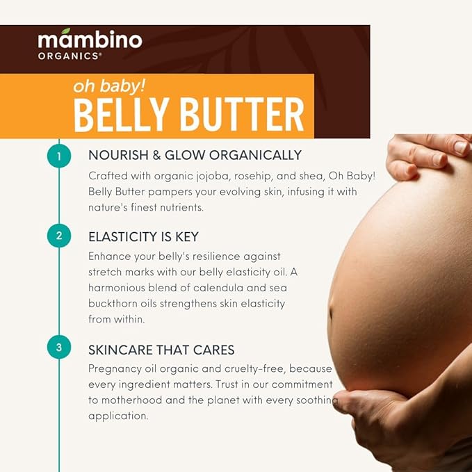 Mambino Organics Oh Baby! Belly Butter – Organic Stretch Mark Cream for Pregnancy with Dutch Shea & Cocoa Butter – Vitamins, Omegas for Elasticity – Vegan Cruelty-Free Maternity Care, 4 fl oz
