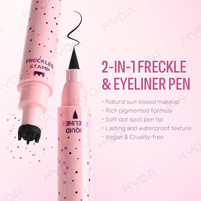 KYDA Freckle Liquid Eyeliner Pen, 2 in 1 Freckles Stamp and Black Liquid Eyeliner, Waterproof and Long lasting Soft Dot Spot Pen Realistic Fake Freckles for Natural Lifelike Sun-kissed Makeup-ESPRESSO